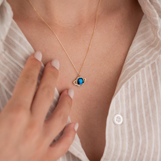 14k Solid Gold Necklace with Blue Planet Pendant, Earth Inspired Jewelry, Minimalist Gold Chain, Cosmic Gift for Her