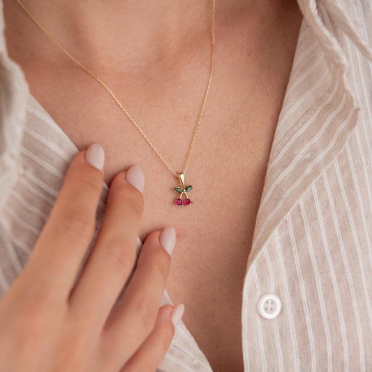 14k Solid Gold Necklace with Cherry Pendant, Minimalist Gold Jewelry, Fruit Inspired Necklace, Cute Gift for Her