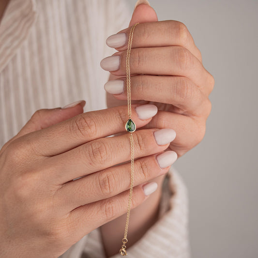 14k Solid Gold Double Chain Emerald Teardrop Bracelet, Elegant Gemstone Jewelry, Minimalist Gold Wristwear, Luxury Gift for Her