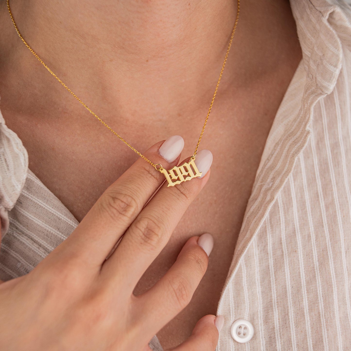 14k Gold Plated Chain Necklace with Custom Date Pendant, Personalized Jewelry, Commemorative Gift, Birthday Anniversary Memorial Necklace