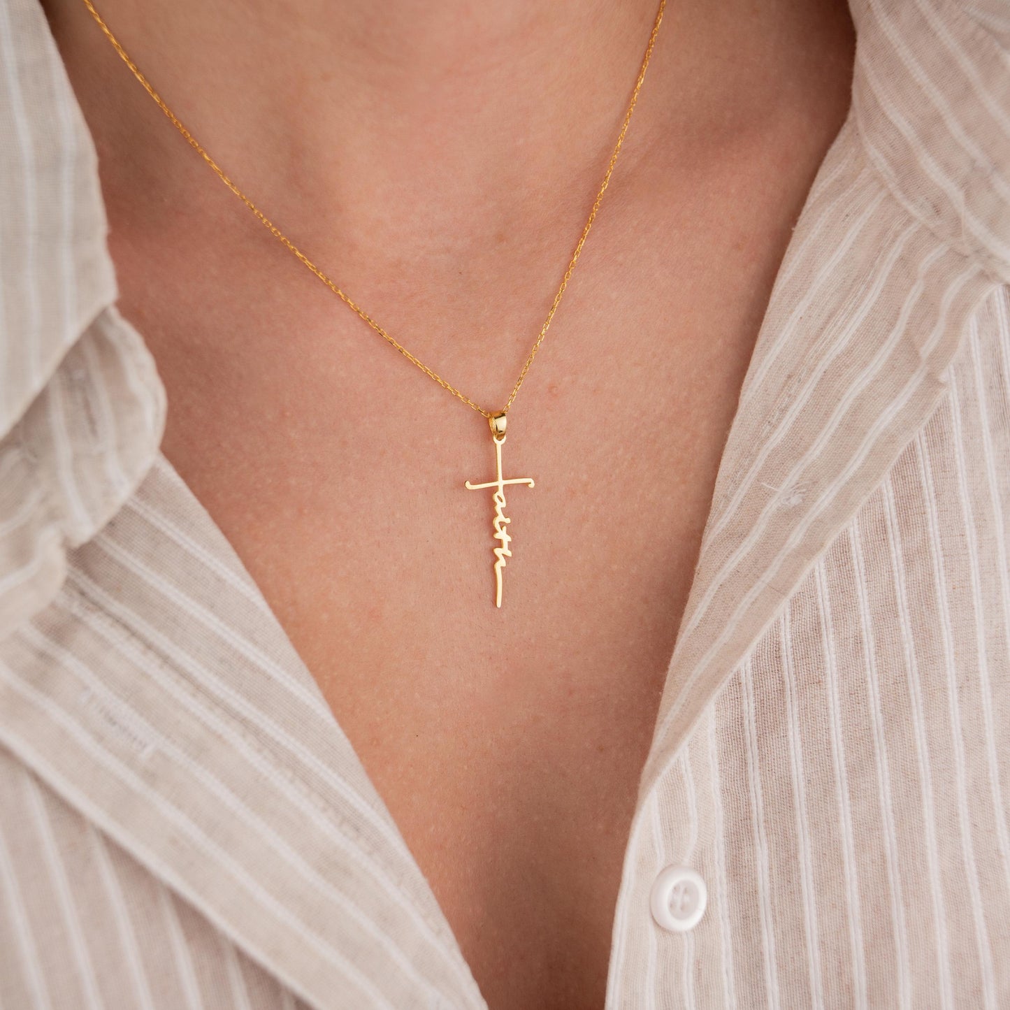 14k Gold Plated Necklace with 'Faith' Pendant, Inspirational Jewelry, Religious Gift, Motivational Gold Chain Necklace