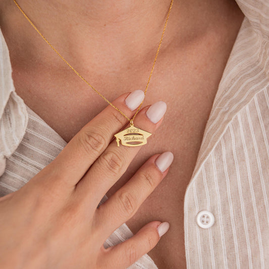 14k Gold Plated Necklace with Graduation Cap Pendant, Custom Name & Date, Personalized Graduation Jewelry, Gift for Graduate