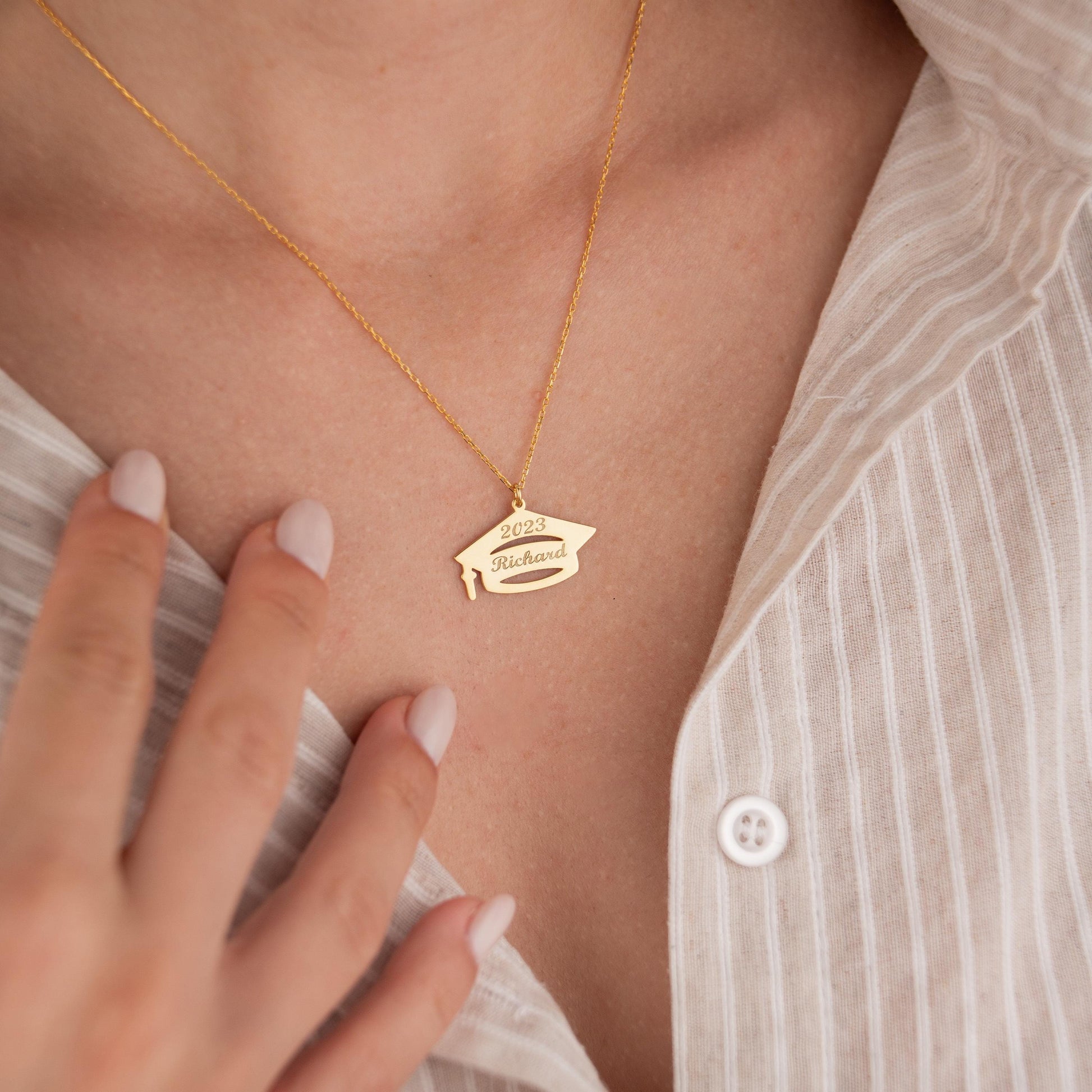 14k Gold Plated Necklace with Graduation Cap Pendant, Custom Name & Date, Personalized Graduation Jewelry, Gift for Graduate