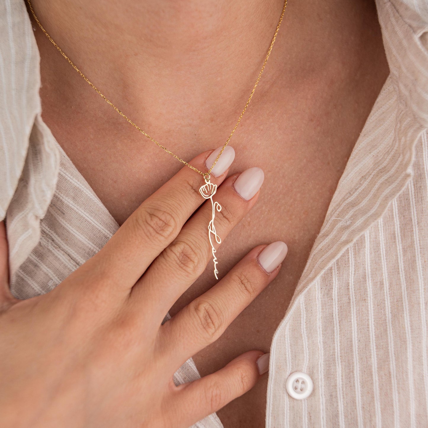 14k Gold Plated Necklace with Birth Flower Pendant and 'Love' Engraving, Personalized Jewelry, Romantic Gift, Floral Inspired Necklace
