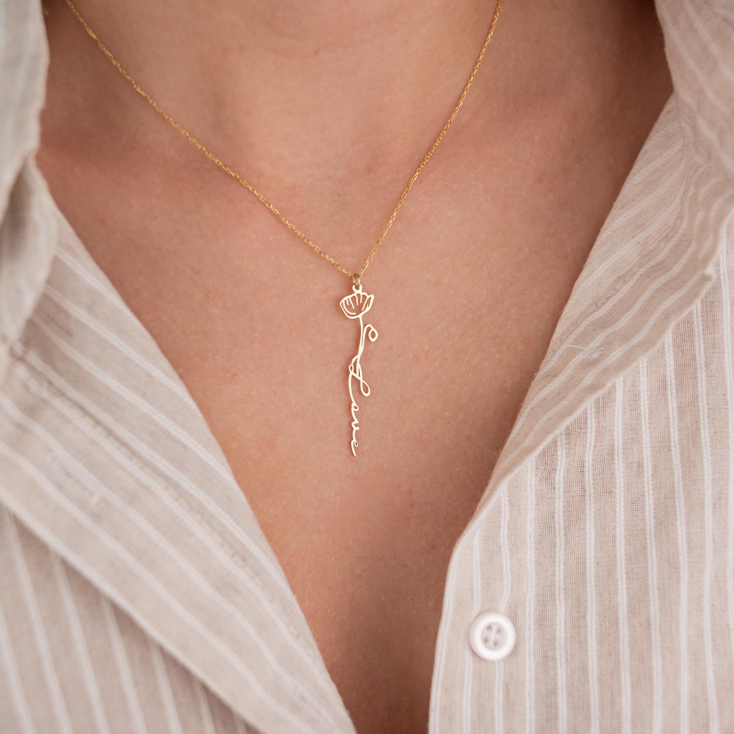 14k Gold Plated Necklace with Birth Flower Pendant and 'Love' Engraving, Personalized Jewelry, Romantic Gift, Floral Inspired Necklace