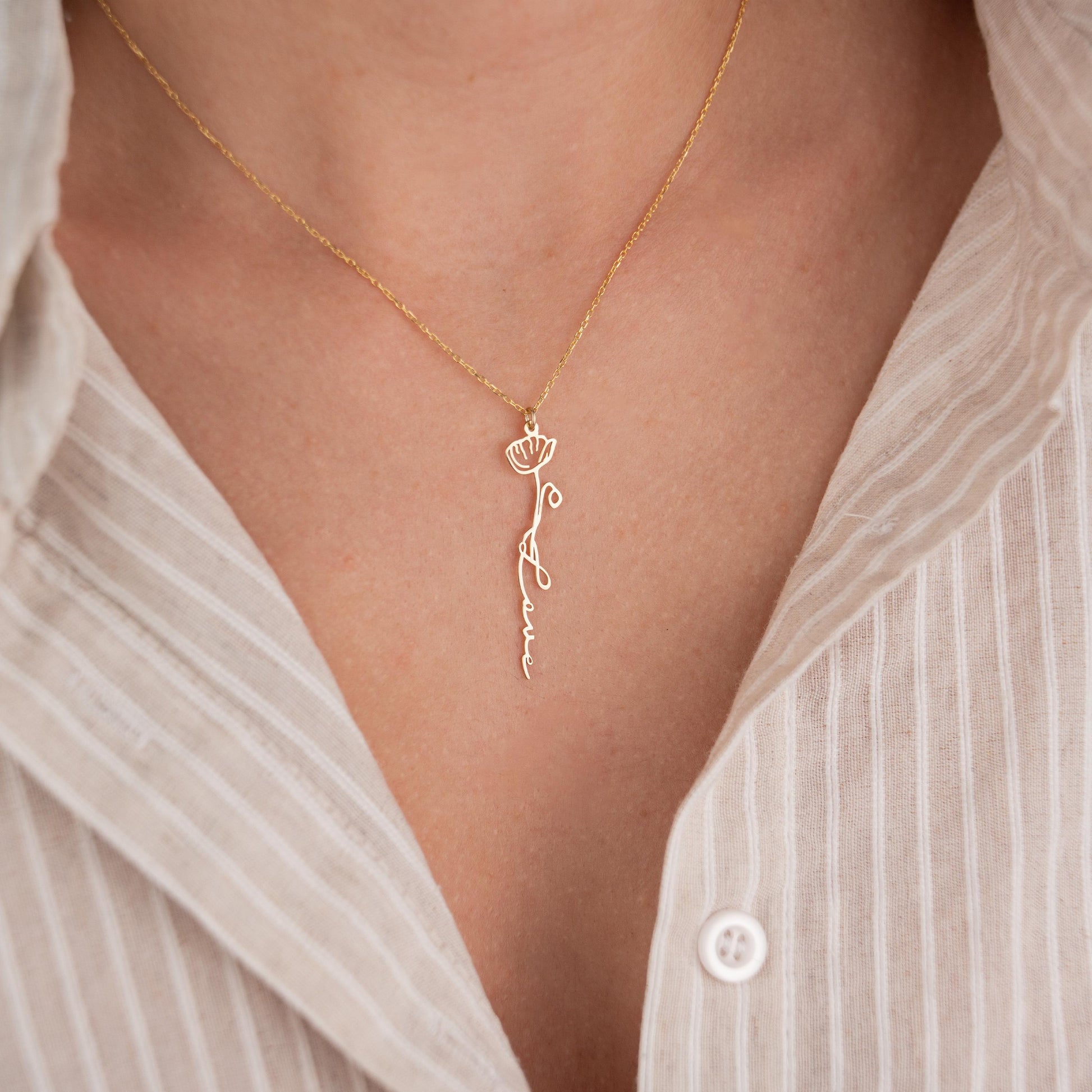 14k Gold Plated Necklace with Birth Flower Pendant and 'Love' Engraving, Personalized Jewelry, Romantic Gift, Floral Inspired Necklace