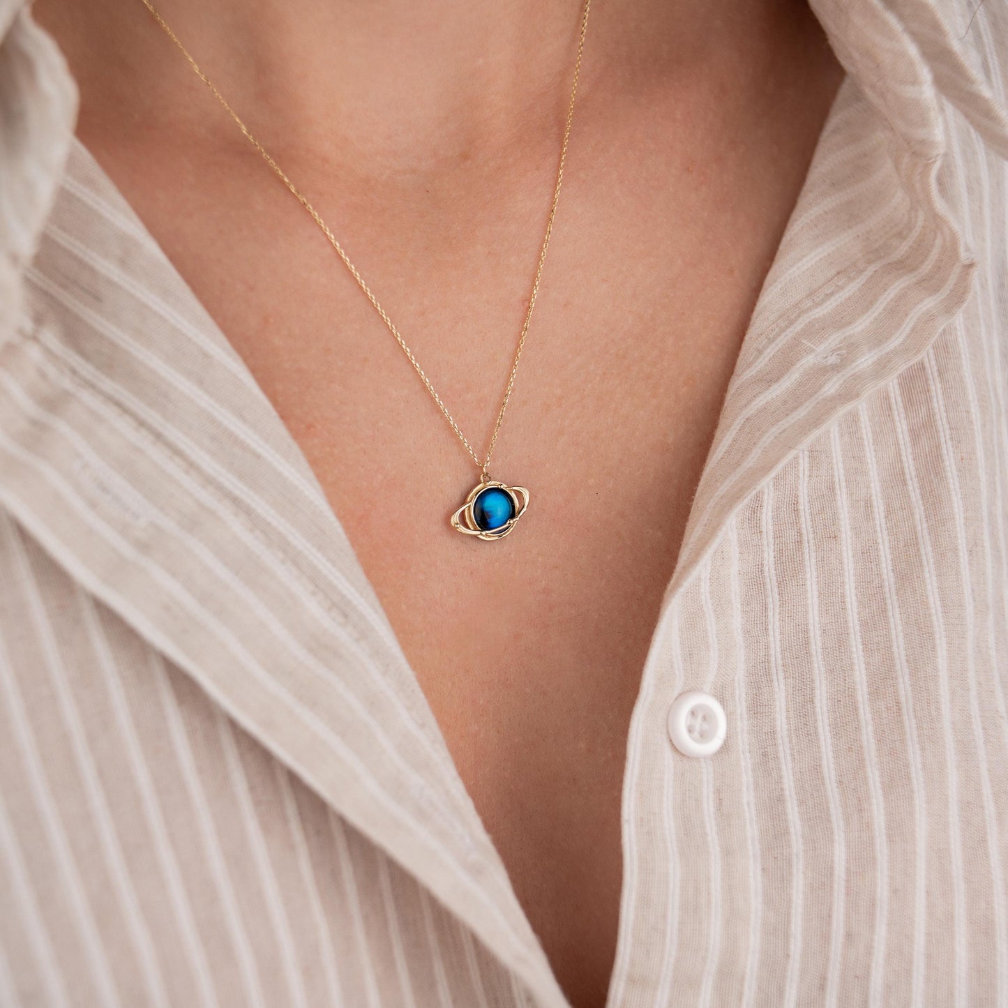 14k Solid Gold Necklace with Blue Planet Pendant, Earth Inspired Jewelry, Minimalist Gold Chain, Cosmic Gift for Her