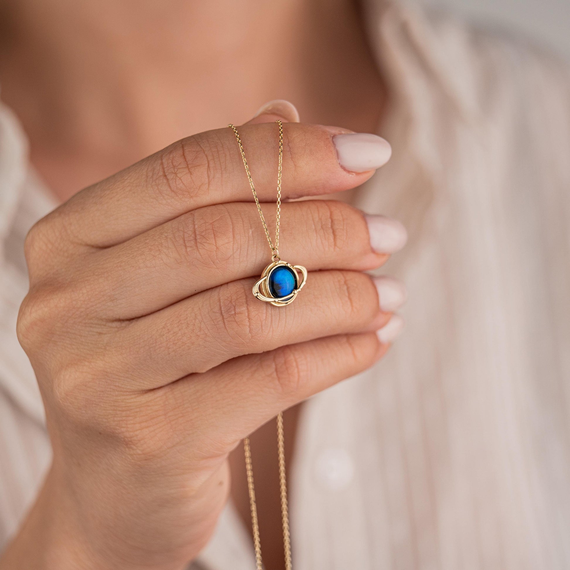 14k Solid Gold Necklace with Blue Planet Pendant, Earth Inspired Jewelry, Minimalist Gold Chain, Cosmic Gift for Her
