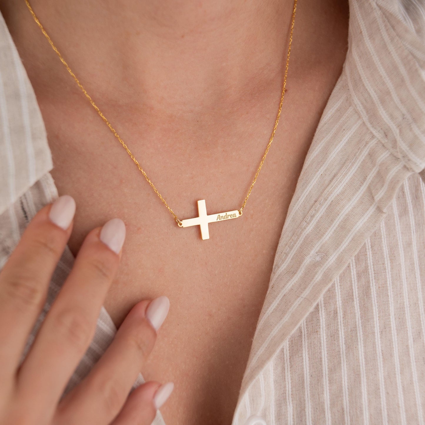14k Gold Plated Necklace with Horizontal Cross Pendant, Custom Name Engraved Jewelry, Personalized Christian Gift, Faith and Name Necklace