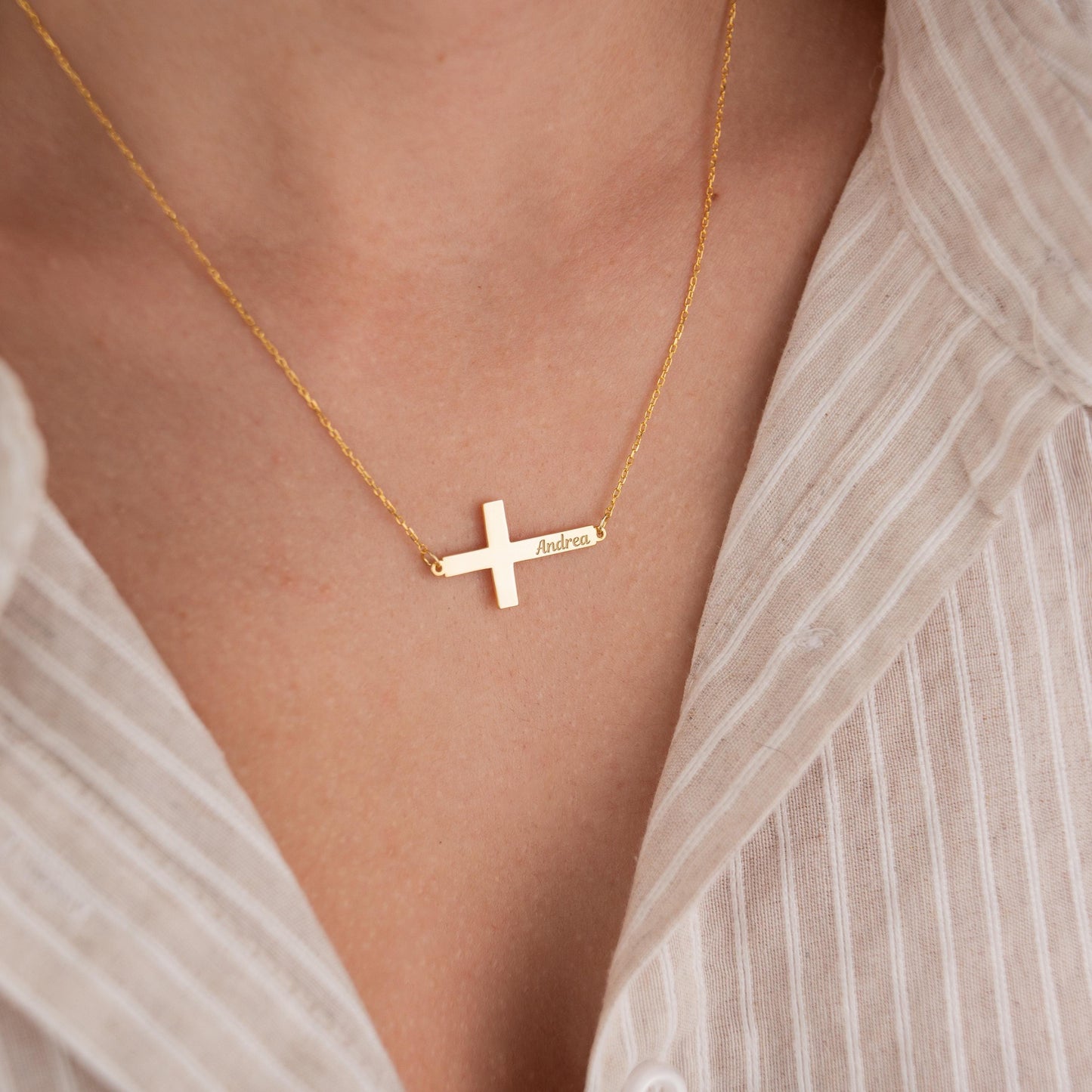 14k Gold Plated Necklace with Horizontal Cross Pendant, Custom Name Engraved Jewelry, Personalized Christian Gift, Faith and Name Necklace