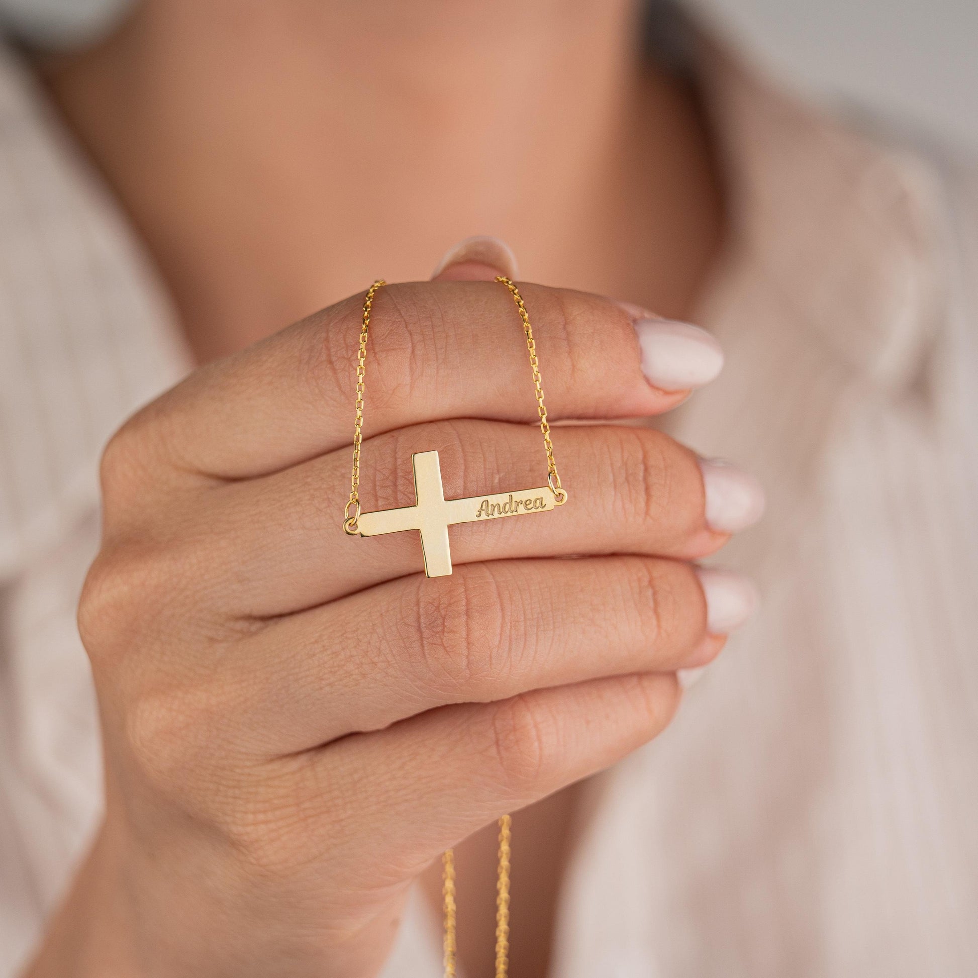 14k Gold Plated Necklace with Horizontal Cross Pendant, Custom Name Engraved Jewelry, Personalized Christian Gift, Faith and Name Necklace