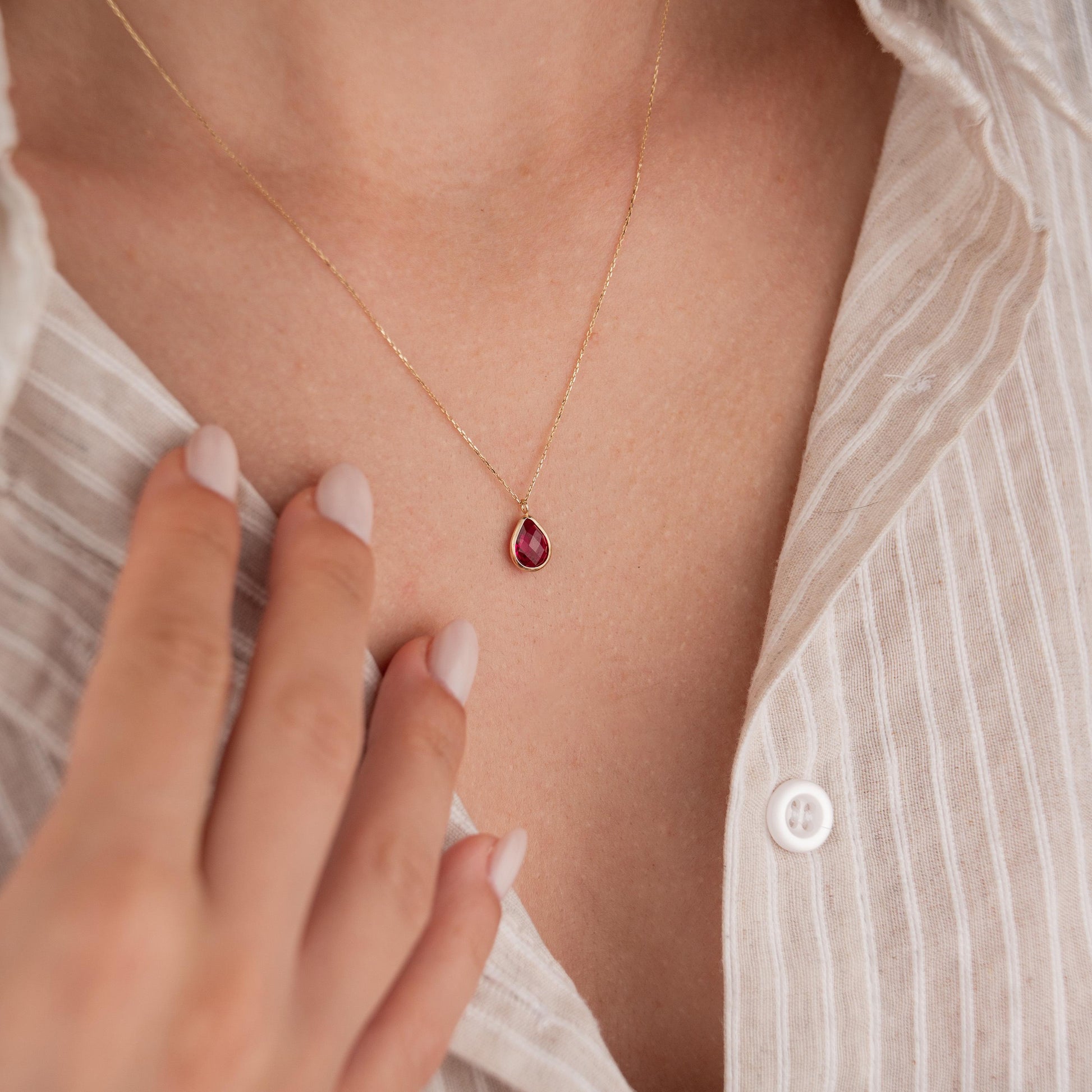 14k Solid Gold Necklace with Ruby Teardrop Pendant, Elegant Gemstone Jewelry, Minimalist Gold Chain, Luxury Gift for Her