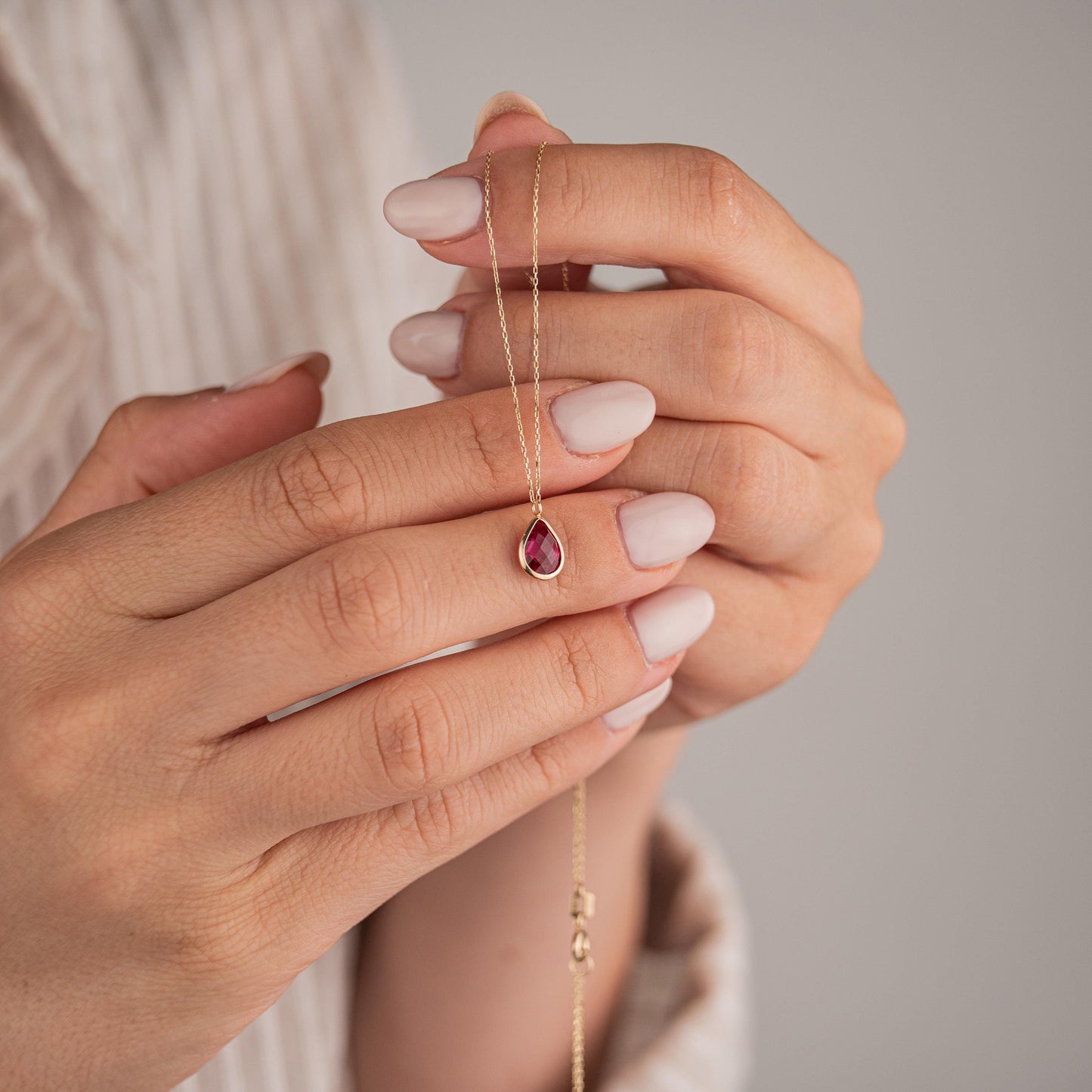14k Solid Gold Necklace with Ruby Teardrop Pendant, Elegant Gemstone Jewelry, Minimalist Gold Chain, Luxury Gift for Her