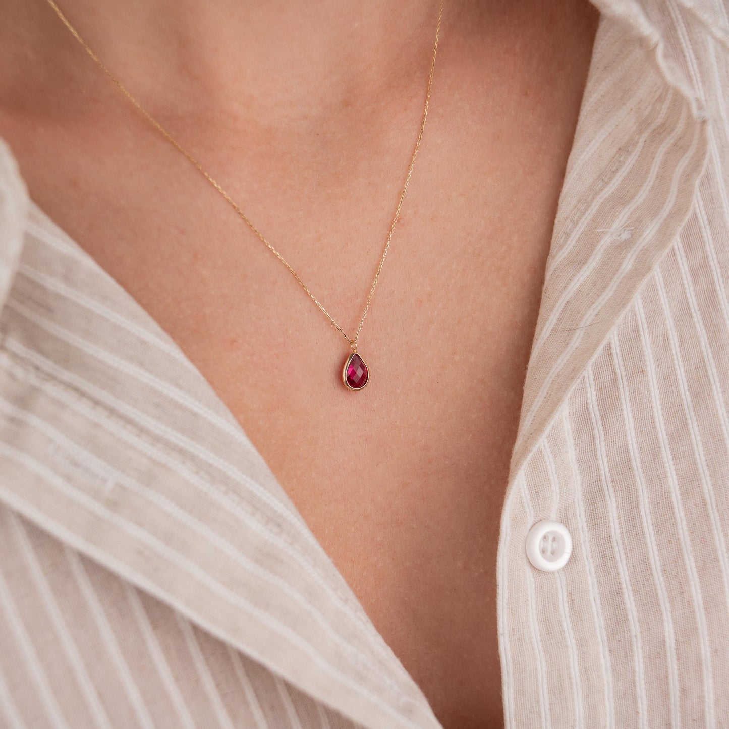 14k Solid Gold Necklace with Ruby Teardrop Pendant, Elegant Gemstone Jewelry, Minimalist Gold Chain, Luxury Gift for Her