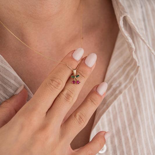 14k Solid Gold Necklace with Cherry Pendant, Minimalist Gold Jewelry, Fruit Inspired Necklace, Cute Gift for Her