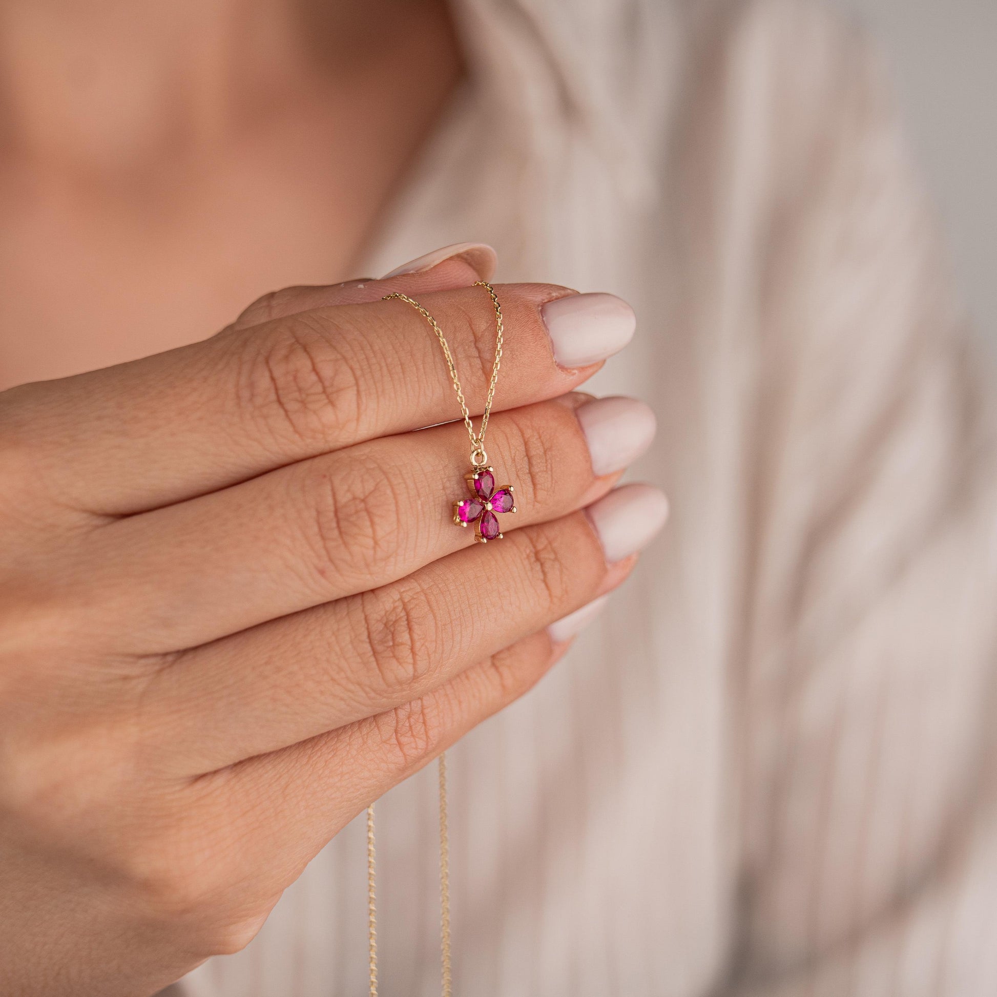 14k Solid Gold Ruby Flower Necklace, Elegant Gemstone Jewelry, Minimalist Gold Chain, Floral Inspired Pendant, Gift for Her
