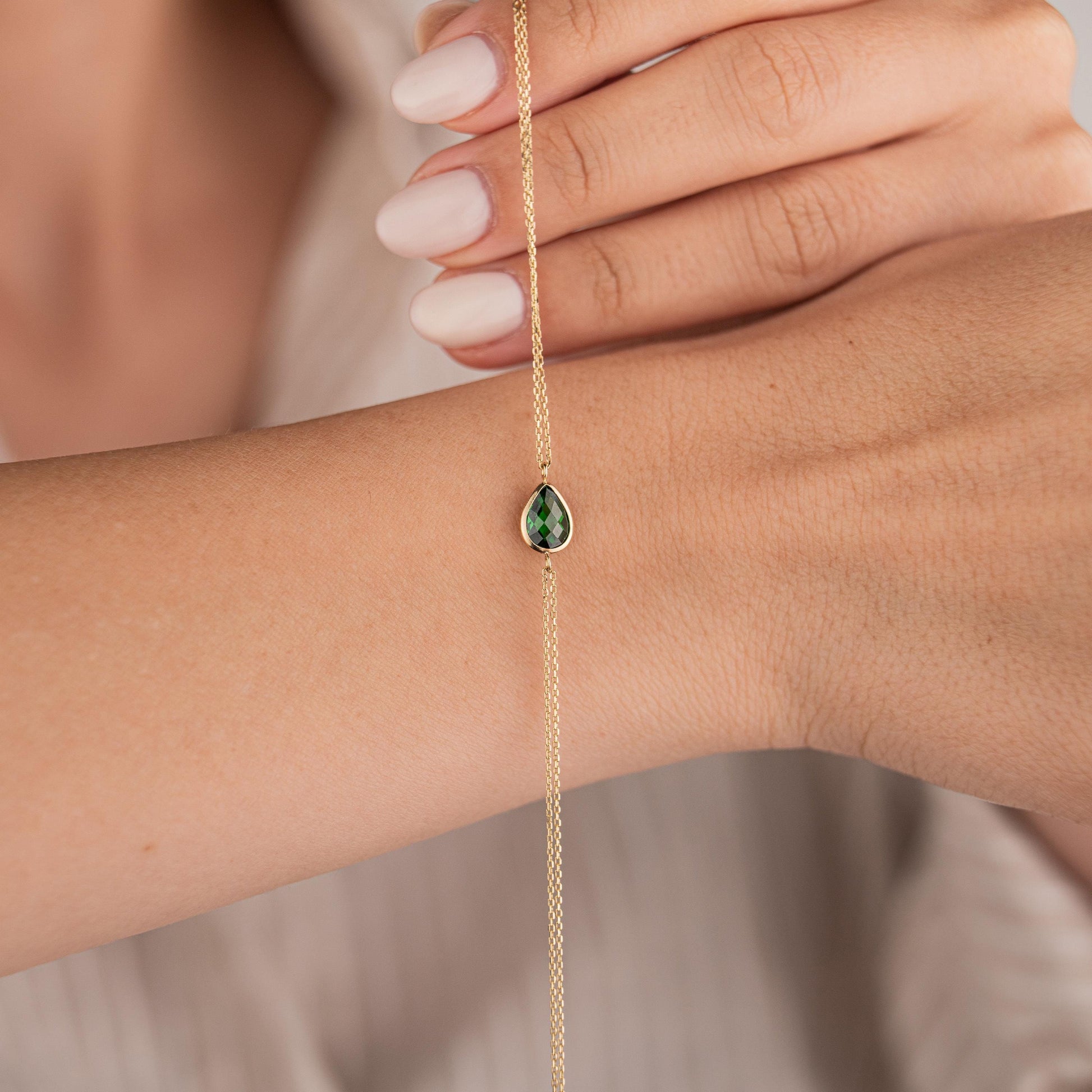 14k Solid Gold Double Chain Emerald Teardrop Bracelet, Elegant Gemstone Jewelry, Minimalist Gold Wristwear, Luxury Gift for Her