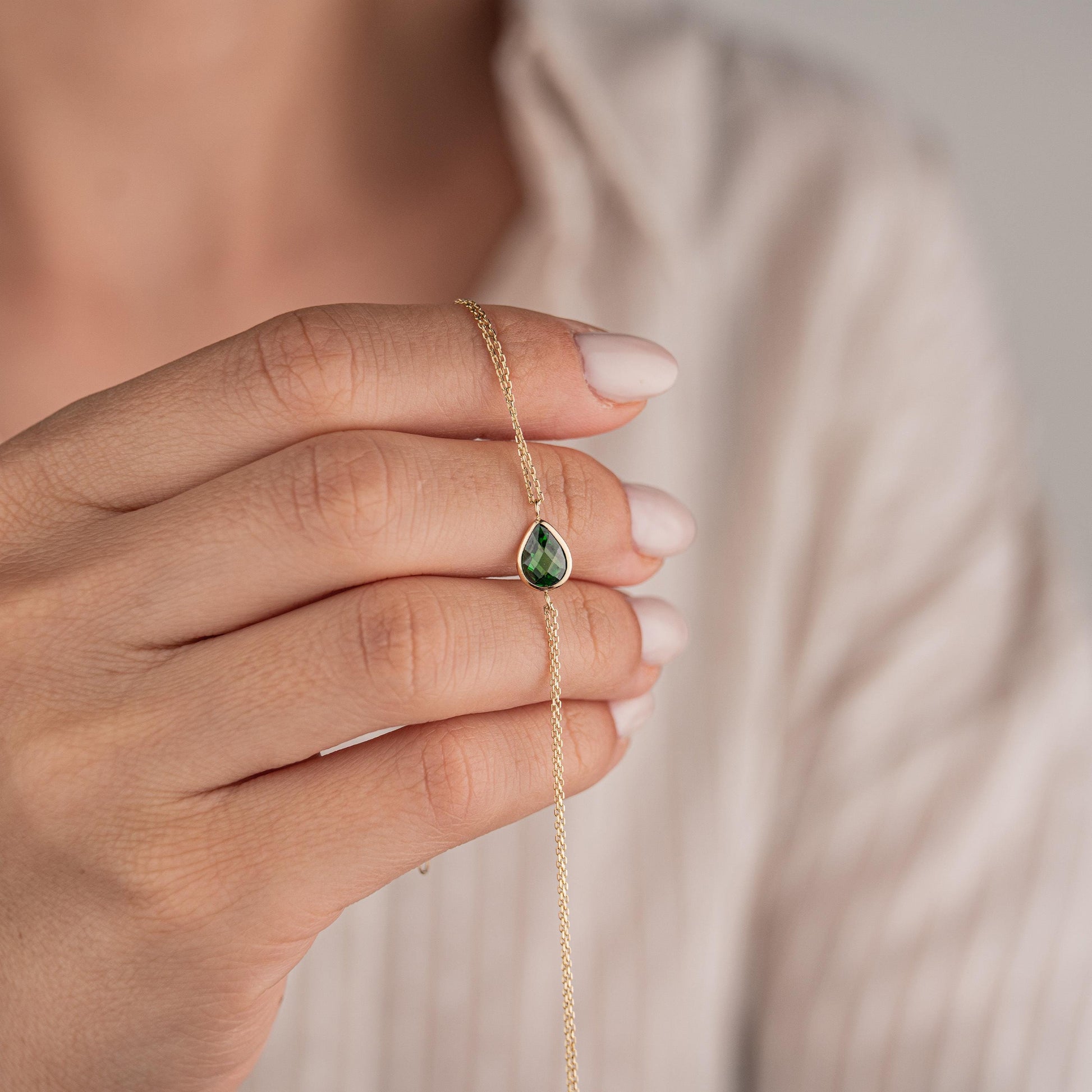 14k Solid Gold Double Chain Emerald Teardrop Bracelet, Elegant Gemstone Jewelry, Minimalist Gold Wristwear, Luxury Gift for Her
