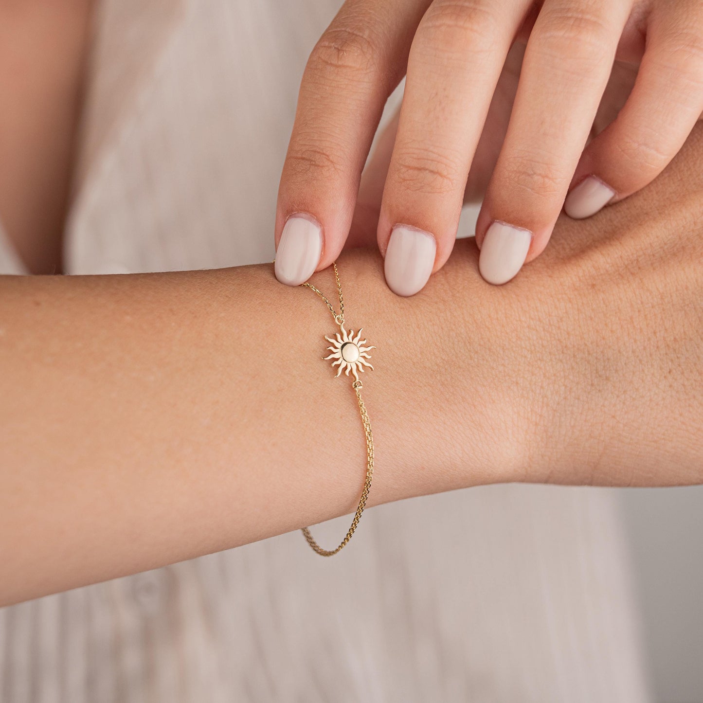 14k Solid Gold Double Chain Sun Bracelet, Celestial Inspired Jewelry, Minimalist Gold Wristwear, Luxury Gift for Her