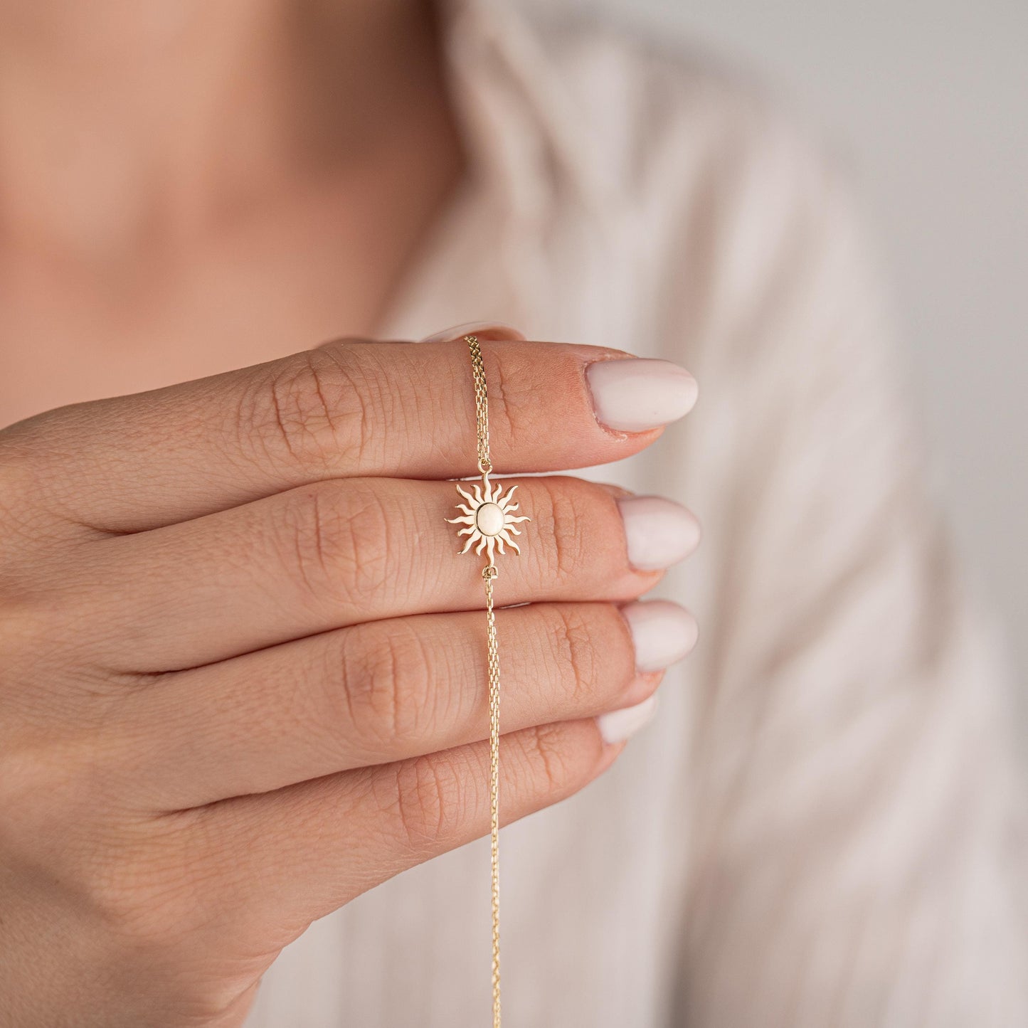 14k Solid Gold Double Chain Sun Bracelet, Celestial Inspired Jewelry, Minimalist Gold Wristwear, Luxury Gift for Her