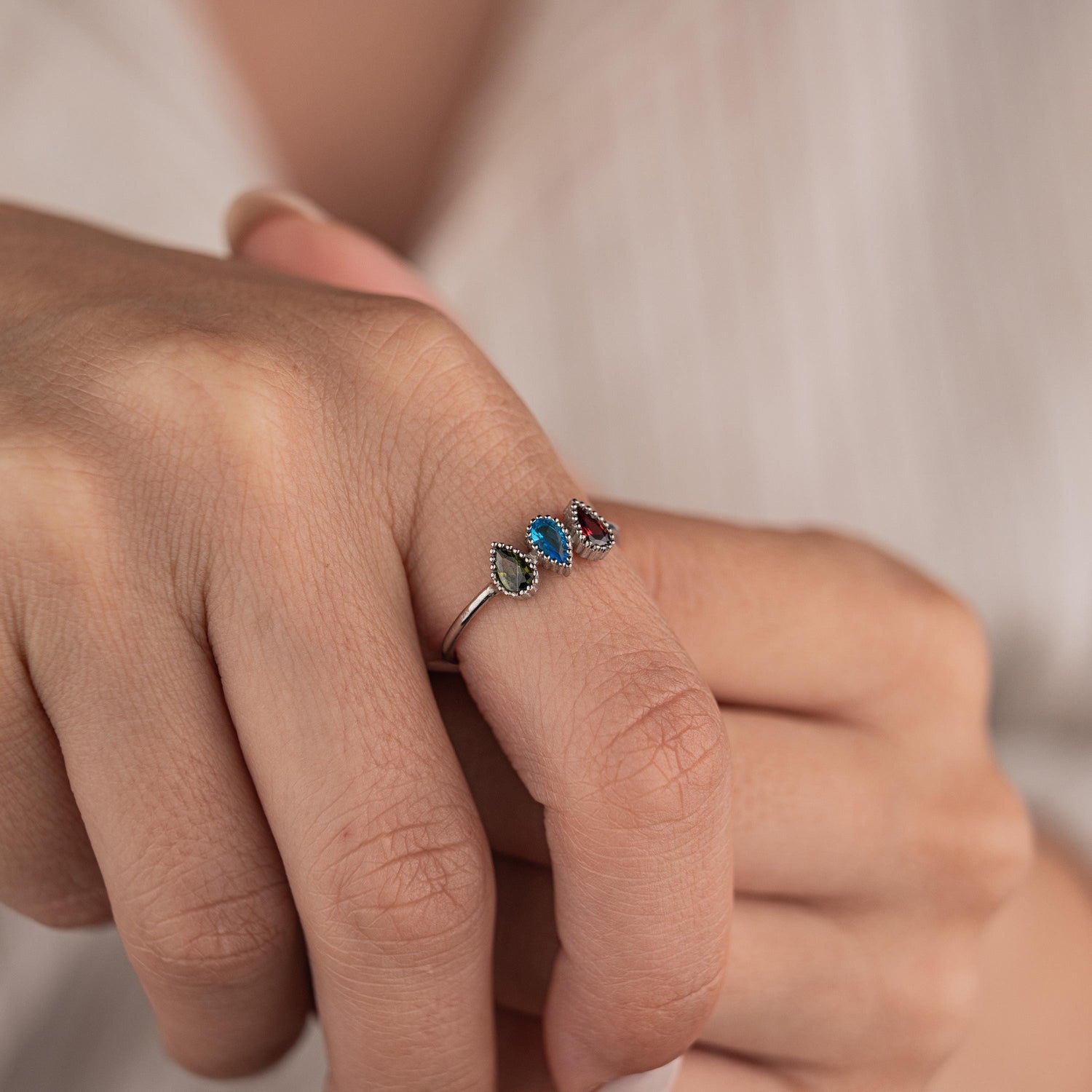 14k Gold Plated Ring with 3 Birthstone Gems, Personalized Gemstone Jewelry, Adjustable Gold Ring, Custom Birthstone Ring, Gift for Her