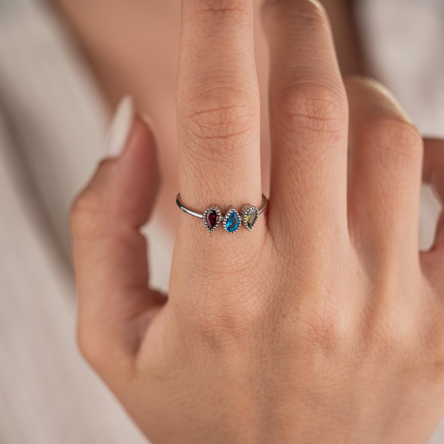 14k Gold Plated Ring with 3 Birthstone Gems, Personalized Gemstone Jewelry, Adjustable Gold Ring, Custom Birthstone Ring, Gift for Her