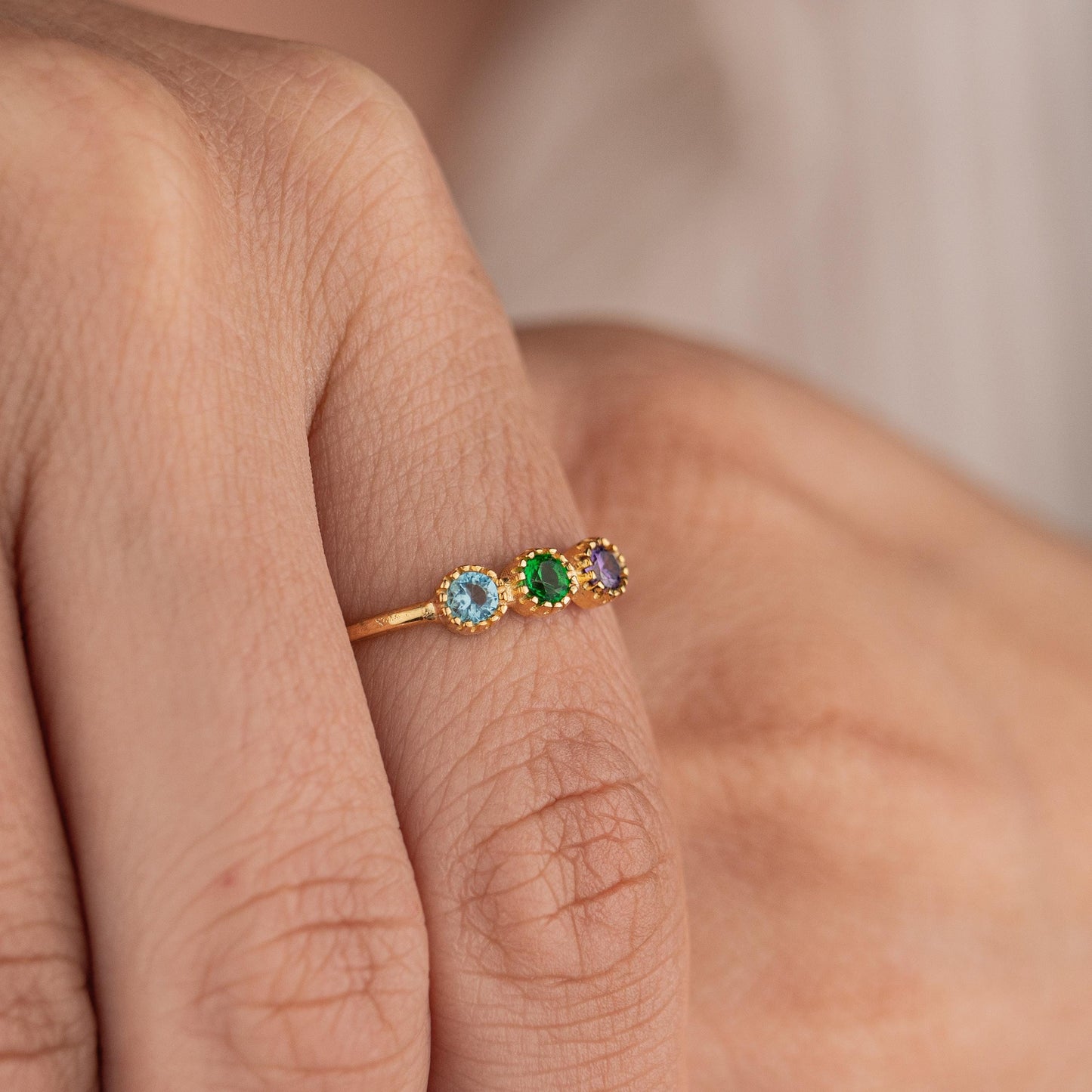 14k Gold Plated Ring with 3 Birthstone Gems, Personalized Adjustable Gold Ring, Custom Birthstone Jewelry, Gift for Her