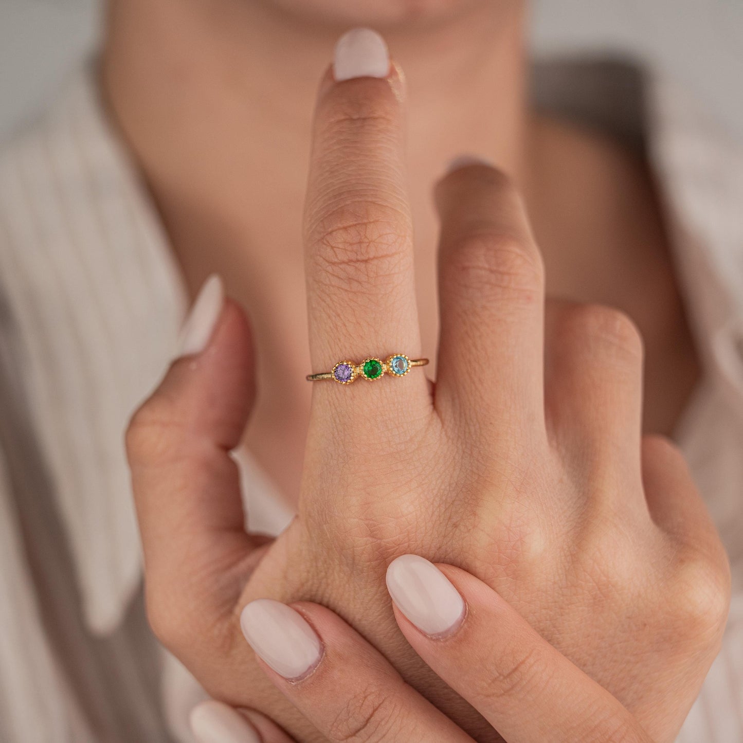 14k Gold Plated Ring with 3 Birthstone Gems, Personalized Adjustable Gold Ring, Custom Birthstone Jewelry, Gift for Her