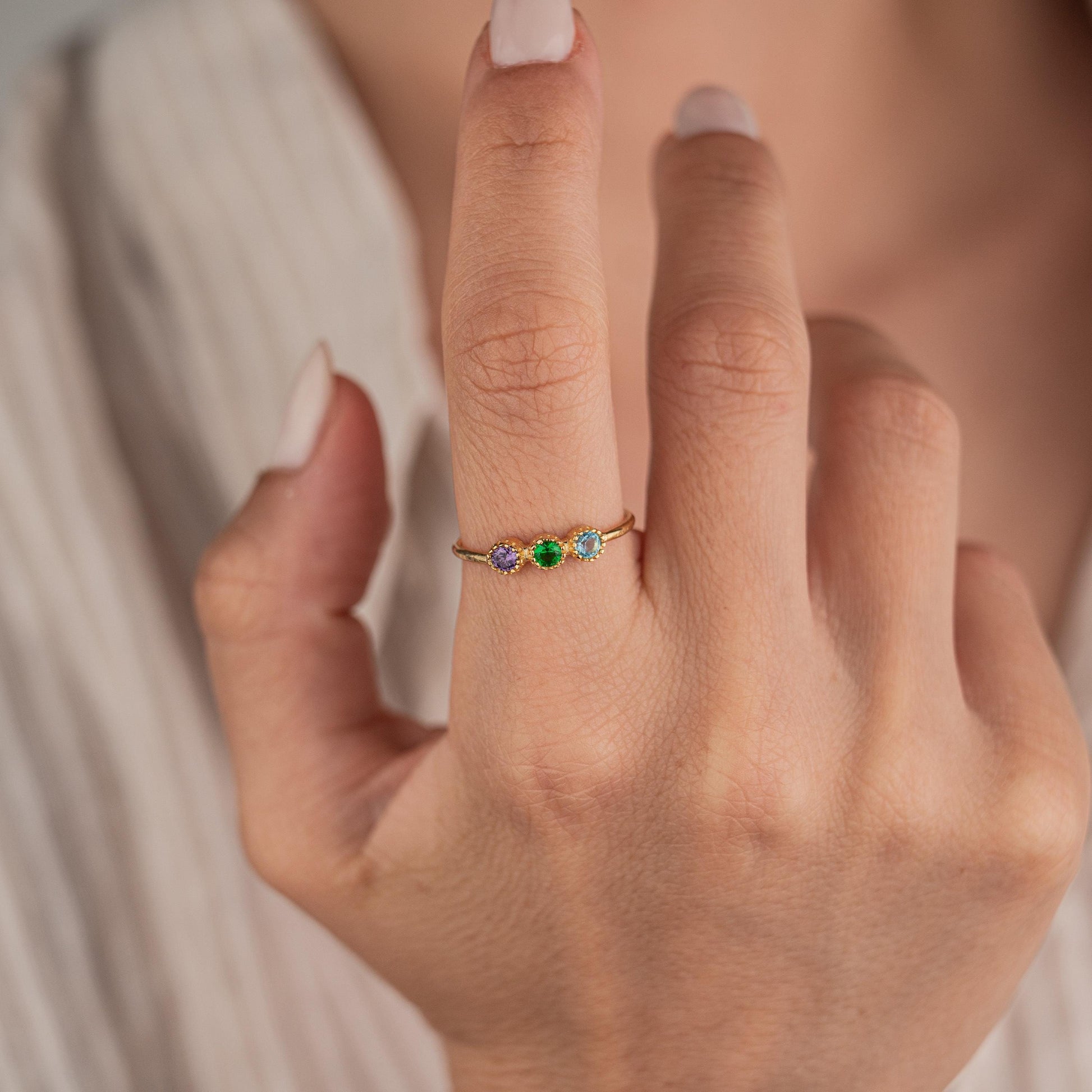 14k Gold Plated Ring with 3 Birthstone Gems, Personalized Adjustable Gold Ring, Custom Birthstone Jewelry, Gift for Her