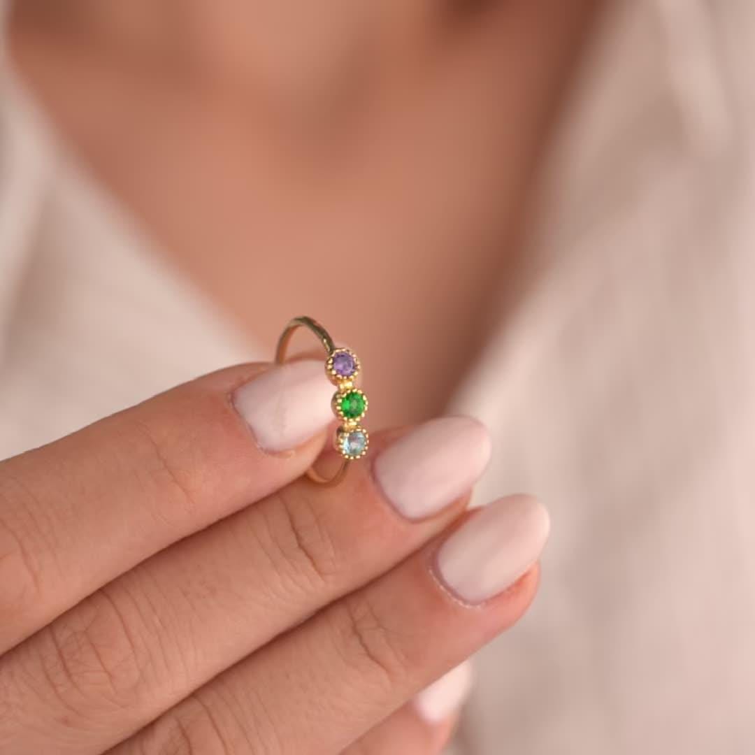 14k Gold Plated Ring with 3 Birthstone Gems, Personalized Adjustable Gold Ring, Custom Birthstone Jewelry, Gift for Her