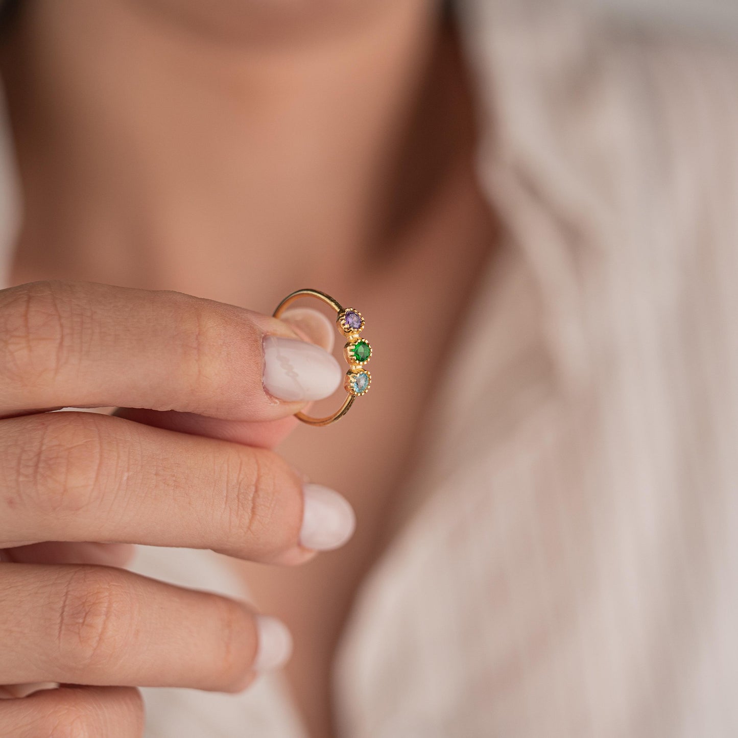 14k Gold Plated Ring with 3 Birthstone Gems, Personalized Adjustable Gold Ring, Custom Birthstone Jewelry, Gift for Her