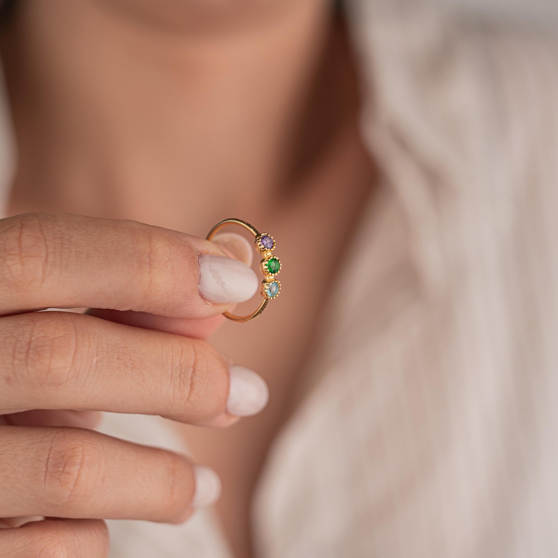 14k Gold Plated Ring with 3 Birthstone Gems, Personalized Adjustable Gold Ring, Custom Birthstone Jewelry, Gift for Her