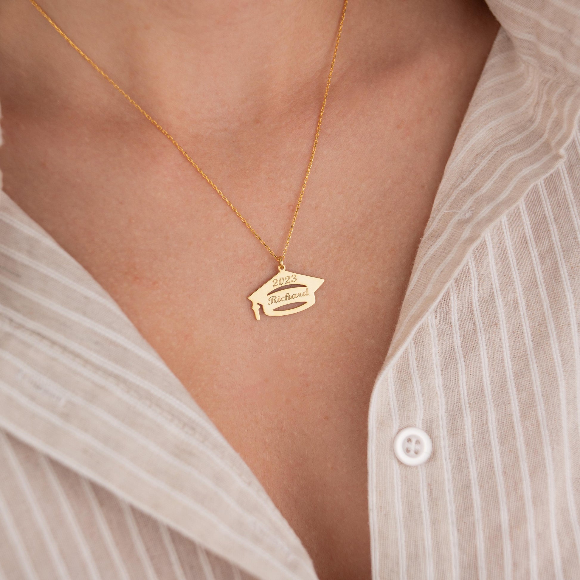 14k Gold Plated Necklace with Graduation Cap Pendant, Custom Name & Date, Personalized Graduation Jewelry, Gift for Graduate