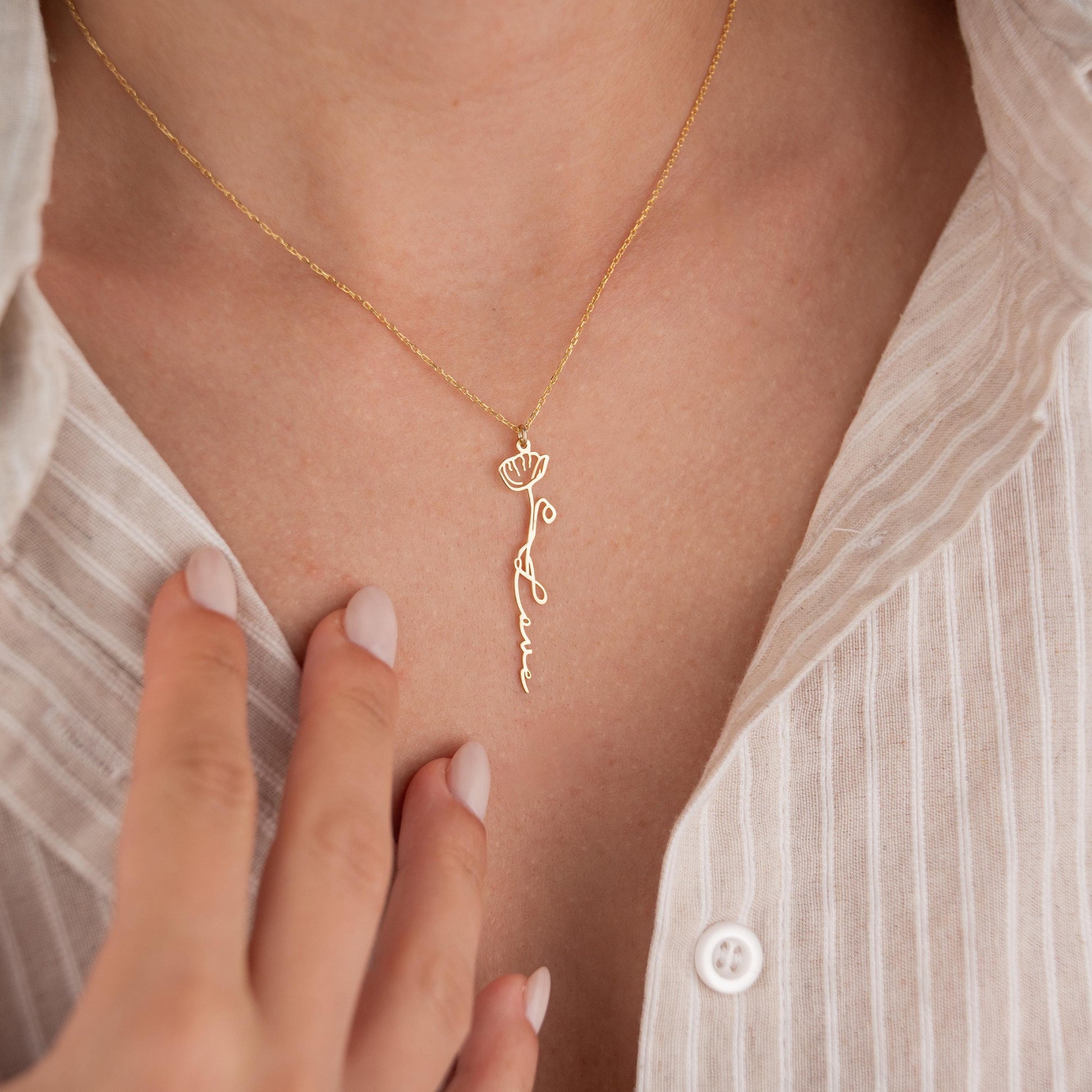 14k Gold Plated Necklace with Birth Flower Pendant and 'Love' Engraving, Personalized Jewelry, Romantic Gift, Floral Inspired Necklace