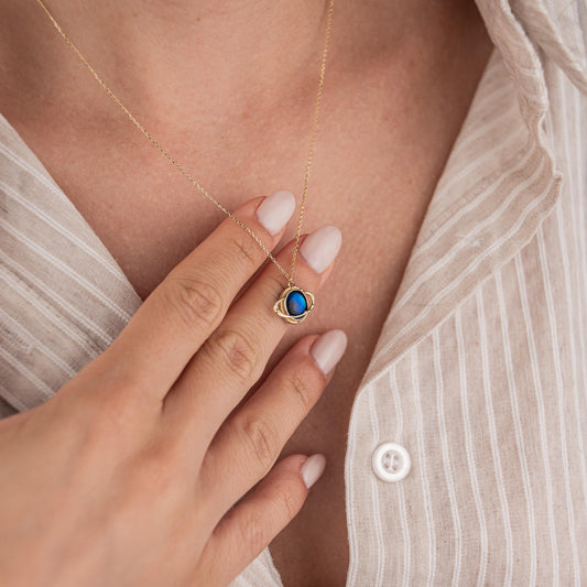 14k Solid Gold Necklace with Blue Planet Pendant, Earth Inspired Jewelry, Minimalist Gold Chain, Cosmic Gift for Her