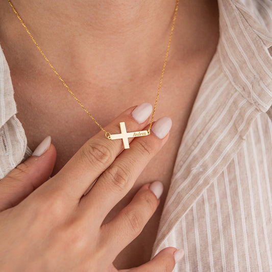 14k Gold Plated Necklace with Horizontal Cross Pendant, Custom Name Engraved Jewelry, Personalized Christian Gift, Faith and Name Necklace