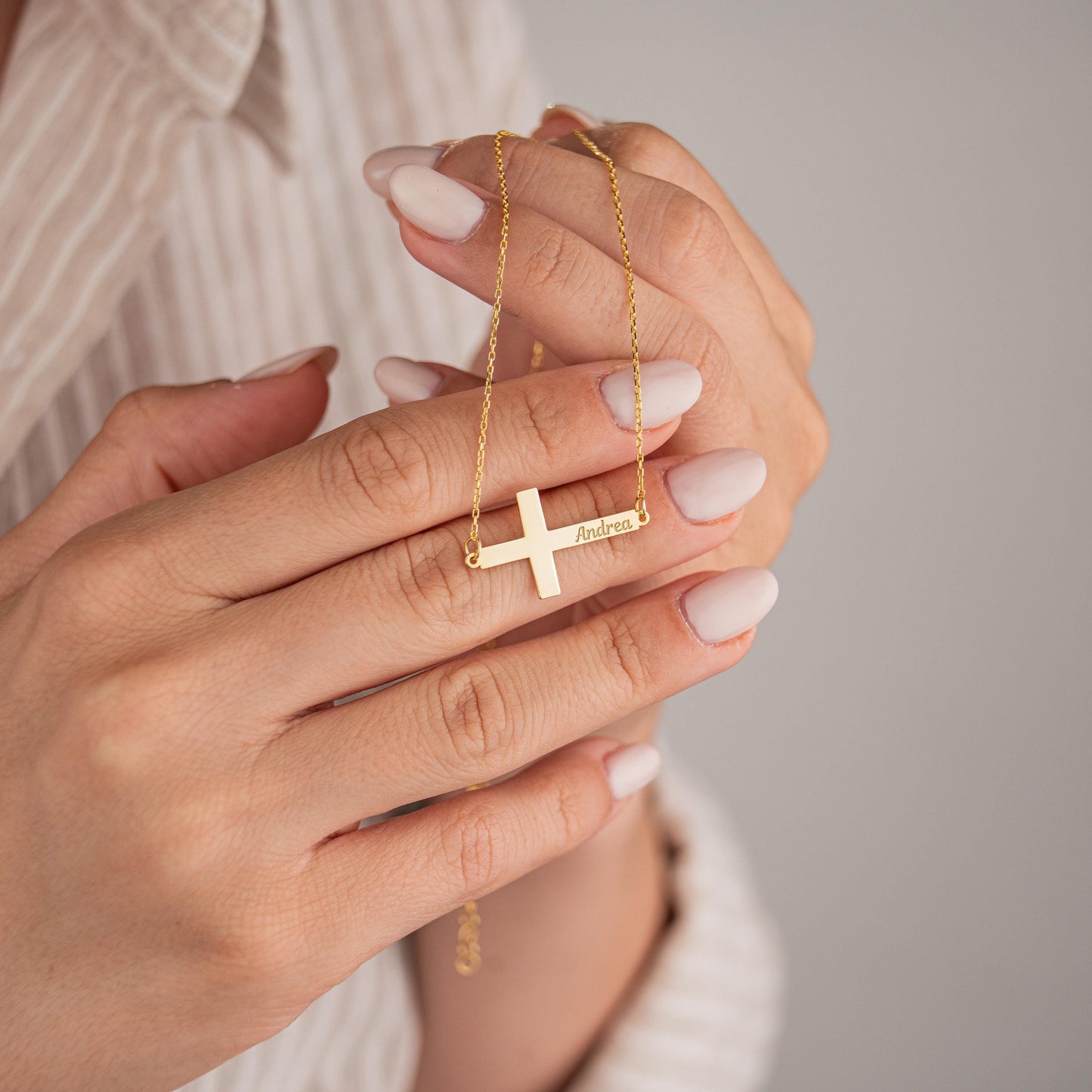 14k Gold Plated Necklace with Horizontal Cross Pendant, Custom Name Engraved Jewelry, Personalized Christian Gift, Faith and Name Necklace