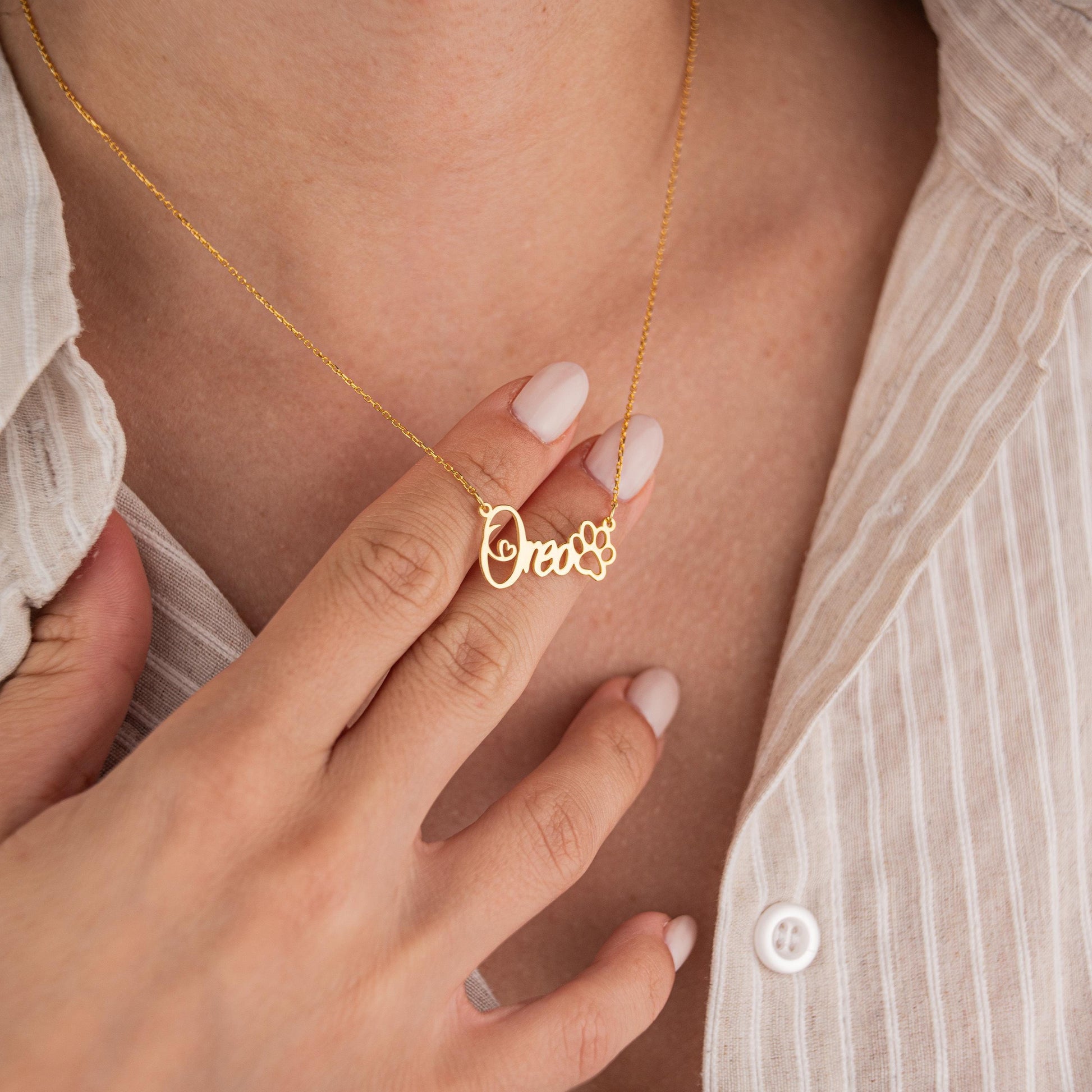 14k Gold Plated Necklace with Custom Name and Paw Pendant, Personalized Pet Jewelry, Pet Lover Gift, Dog or Cat Paw Necklace