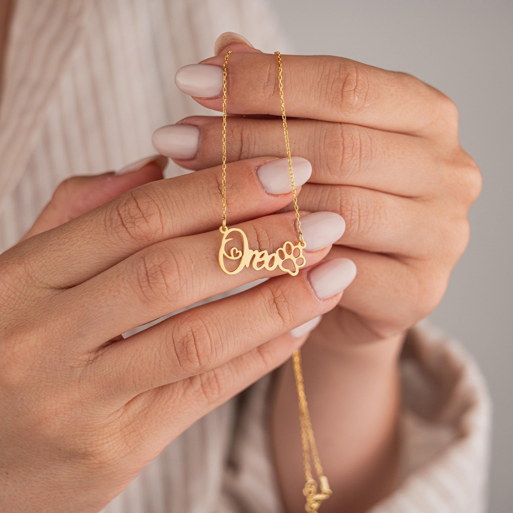 14k Gold Plated Necklace with Custom Name and Paw Pendant, Personalized Pet Jewelry, Pet Lover Gift, Dog or Cat Paw Necklace