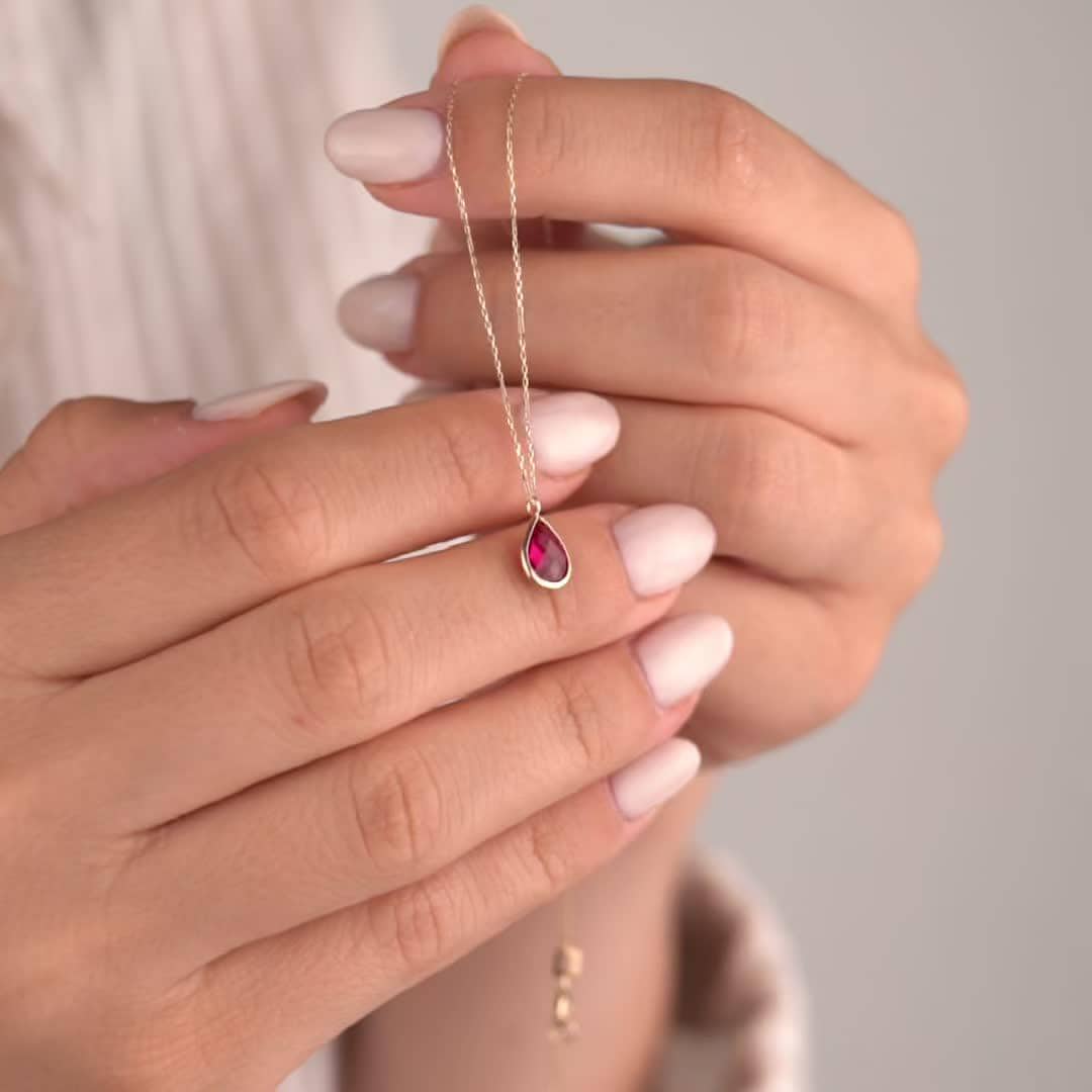 14k Solid Gold Necklace with Ruby Teardrop Pendant, Elegant Gemstone Jewelry, Minimalist Gold Chain, Luxury Gift for Her