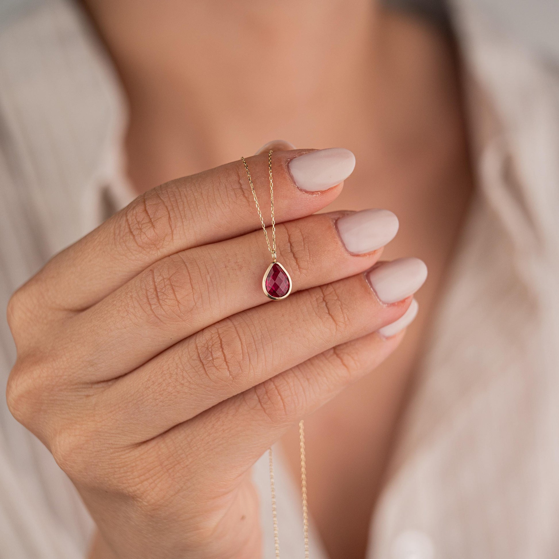 14k Solid Gold Necklace with Ruby Teardrop Pendant, Elegant Gemstone Jewelry, Minimalist Gold Chain, Luxury Gift for Her