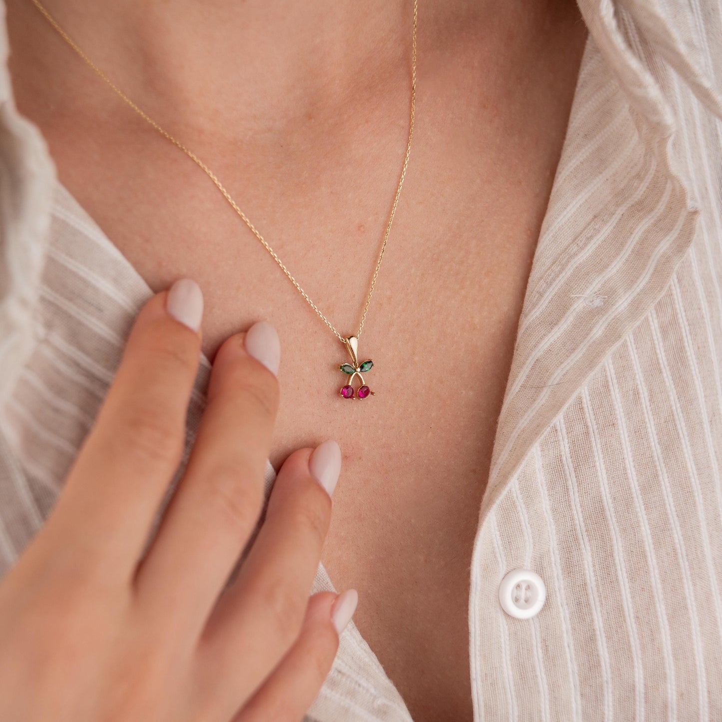 14k Solid Gold Necklace with Cherry Pendant, Minimalist Gold Jewelry, Fruit Inspired Necklace, Cute Gift for Her