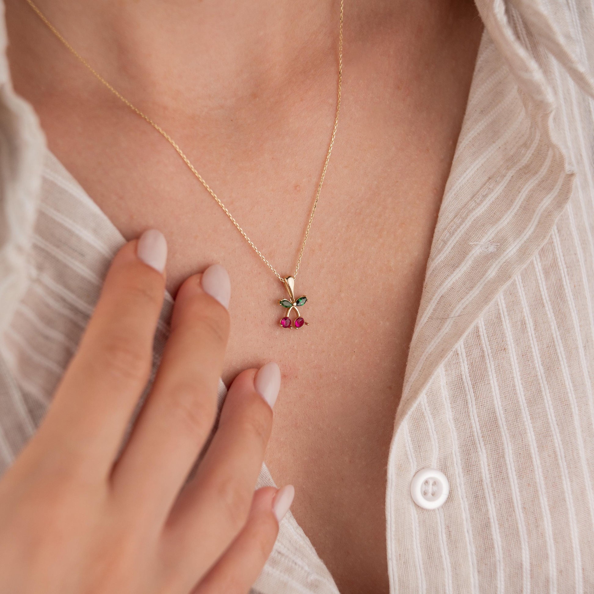 14k Solid Gold Necklace with Cherry Pendant, Minimalist Gold Jewelry, Fruit Inspired Necklace, Cute Gift for Her