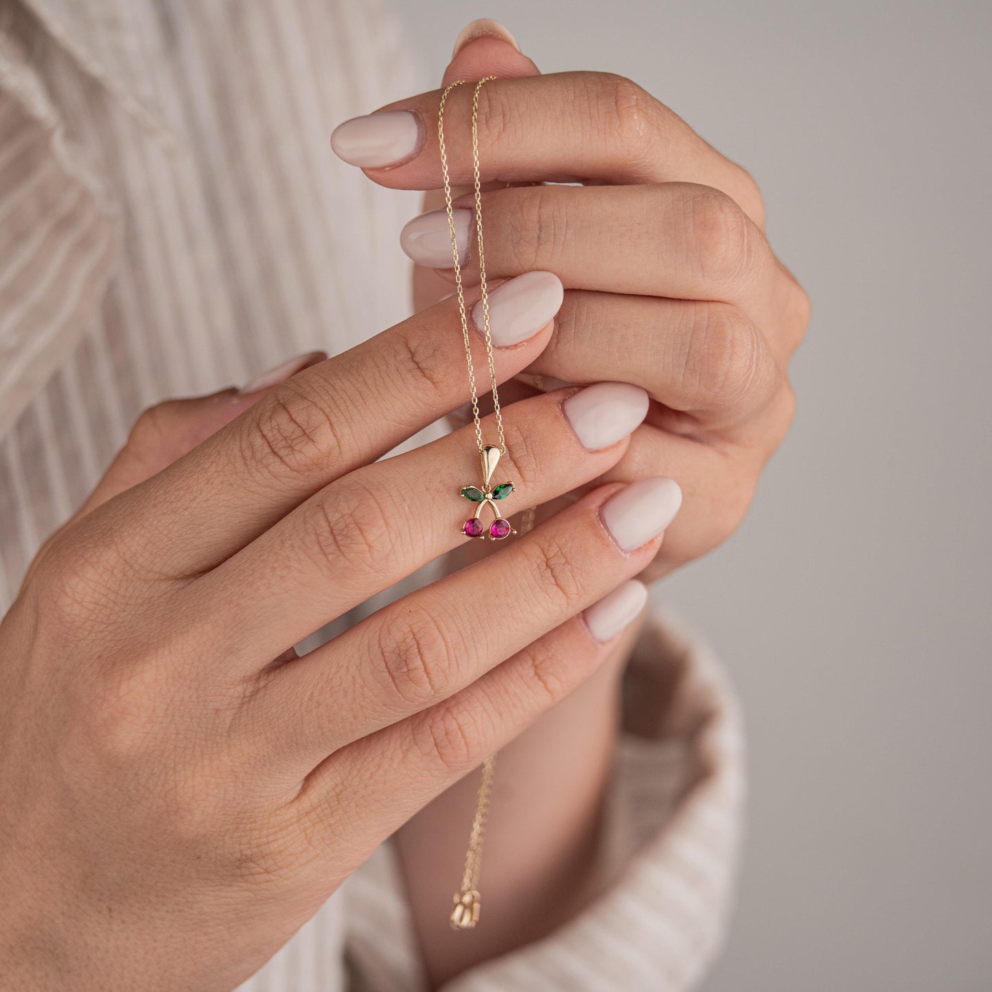 14k Solid Gold Necklace with Cherry Pendant, Minimalist Gold Jewelry, Fruit Inspired Necklace, Cute Gift for Her