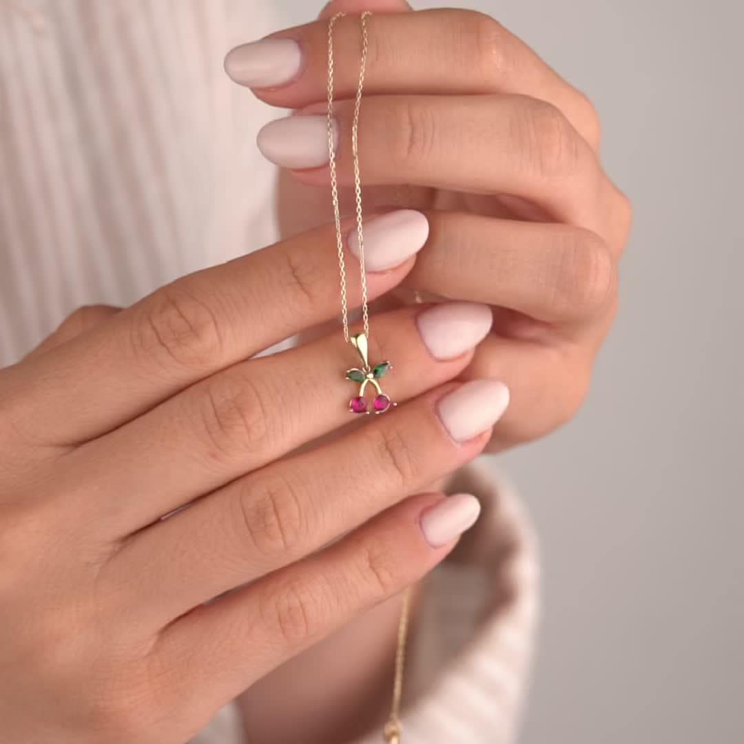 14k Solid Gold Necklace with Cherry Pendant, Minimalist Gold Jewelry, Fruit Inspired Necklace, Cute Gift for Her