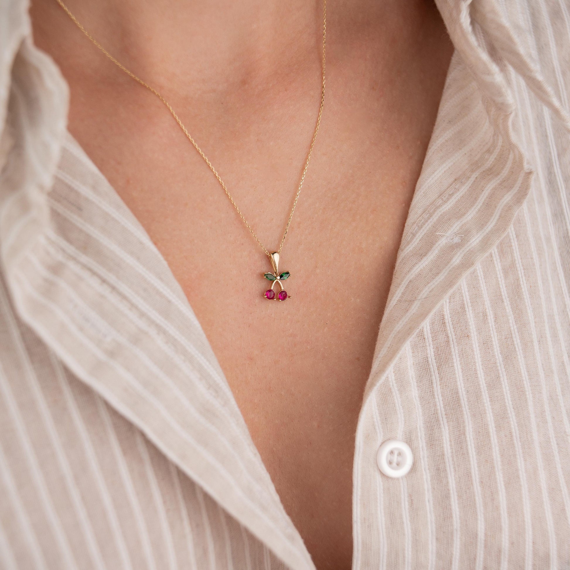 14k Solid Gold Necklace with Cherry Pendant, Minimalist Gold Jewelry, Fruit Inspired Necklace, Cute Gift for Her