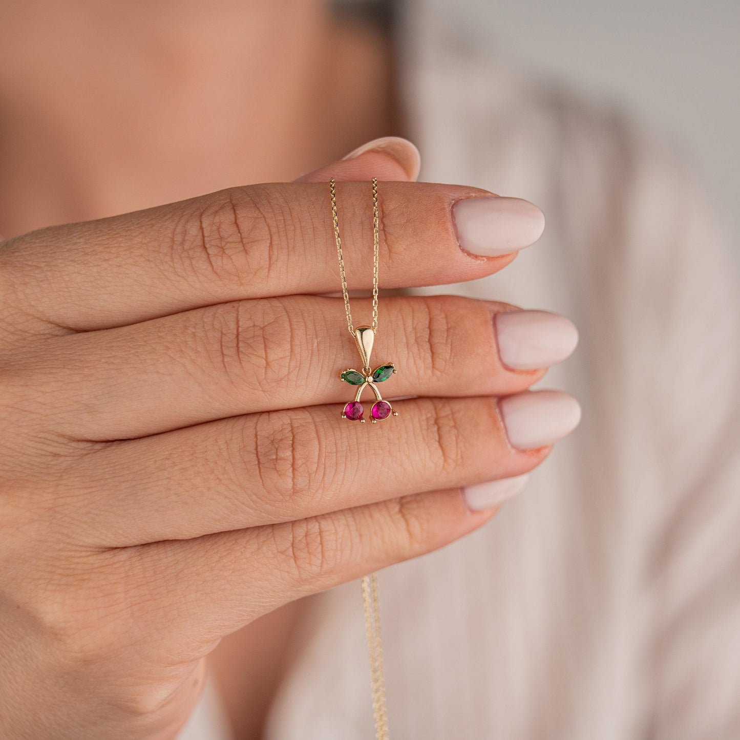 14k Solid Gold Necklace with Cherry Pendant, Minimalist Gold Jewelry, Fruit Inspired Necklace, Cute Gift for Her