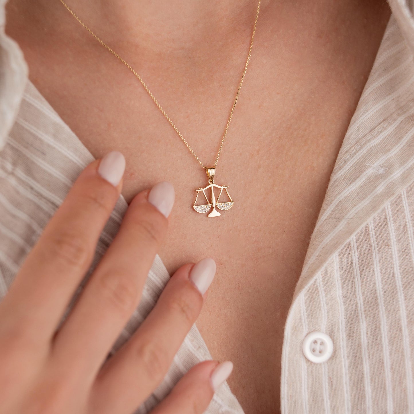 14k Solid Gold Necklace with Libra Pendant, Zodiac Jewelry, Astrological Sign Necklace, Minimalist Gold Chain, Gift for Her