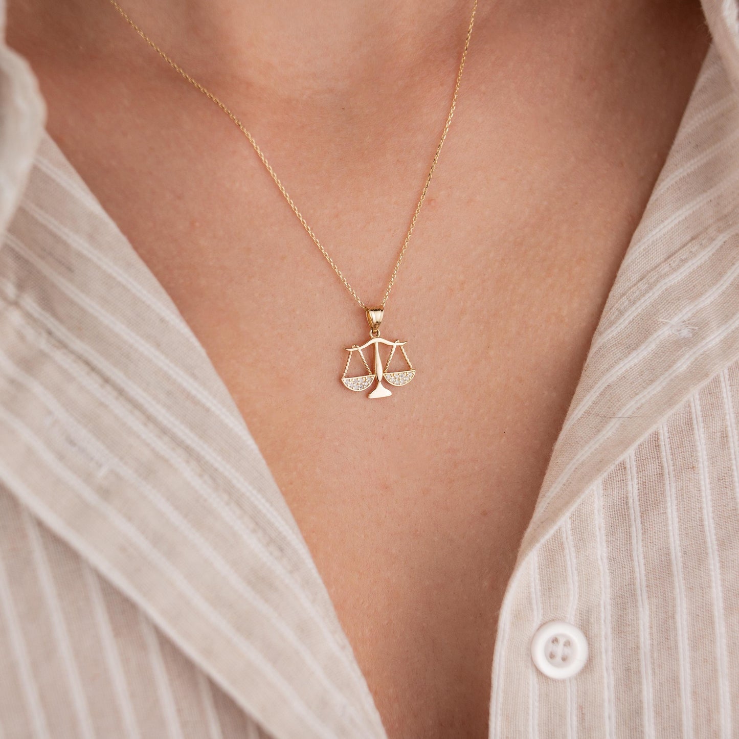 14k Solid Gold Necklace with Libra Pendant, Zodiac Jewelry, Astrological Sign Necklace, Minimalist Gold Chain, Gift for Her