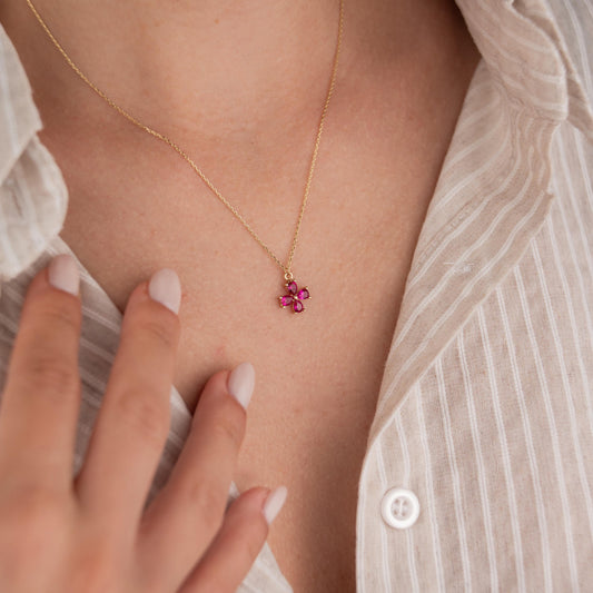 14k Solid Gold Ruby Flower Necklace, Elegant Gemstone Jewelry, Minimalist Gold Chain, Floral Inspired Pendant, Gift for Her